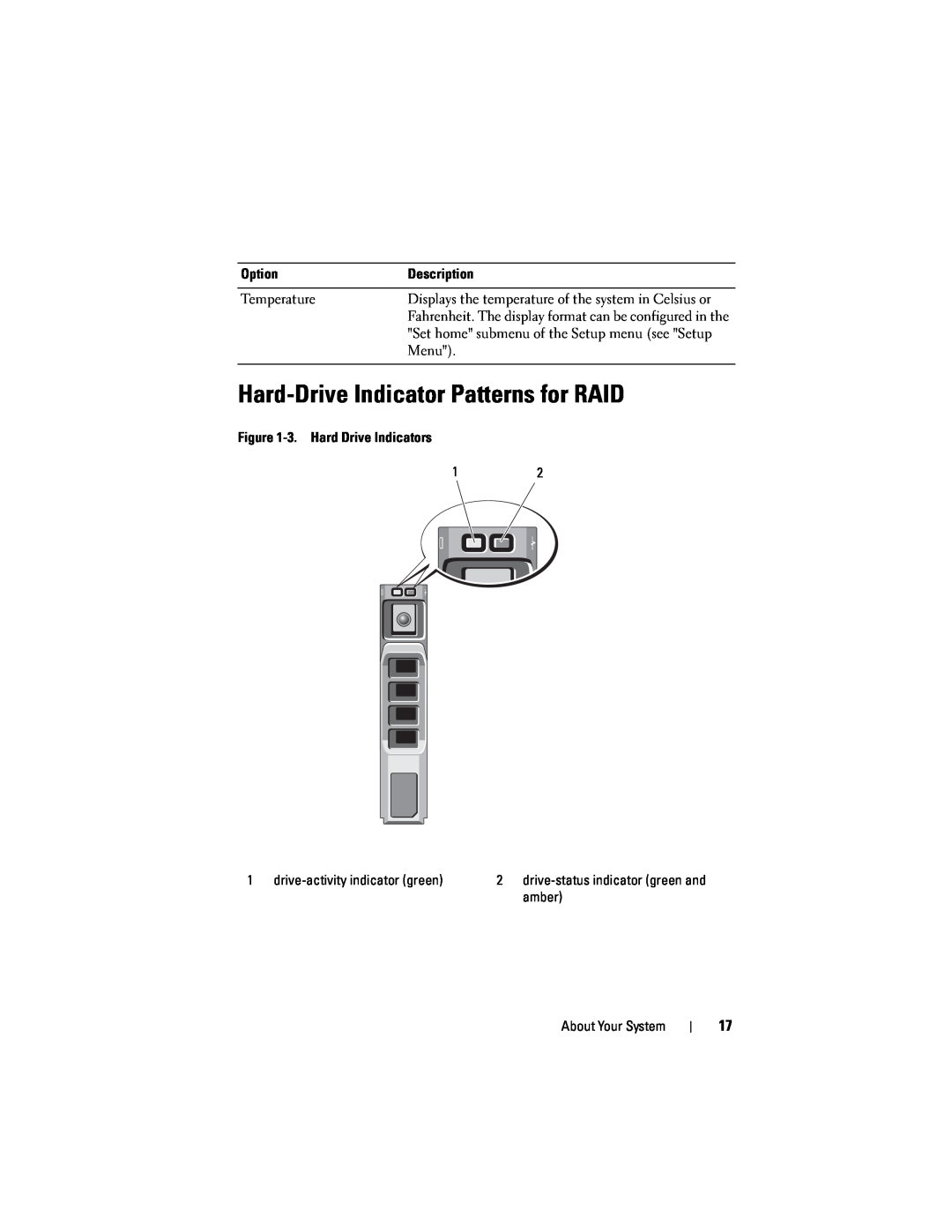 Dell R610 owner manual Hard-Drive Indicator Patterns for RAID, Displays the temperature of the system in Celsius or 