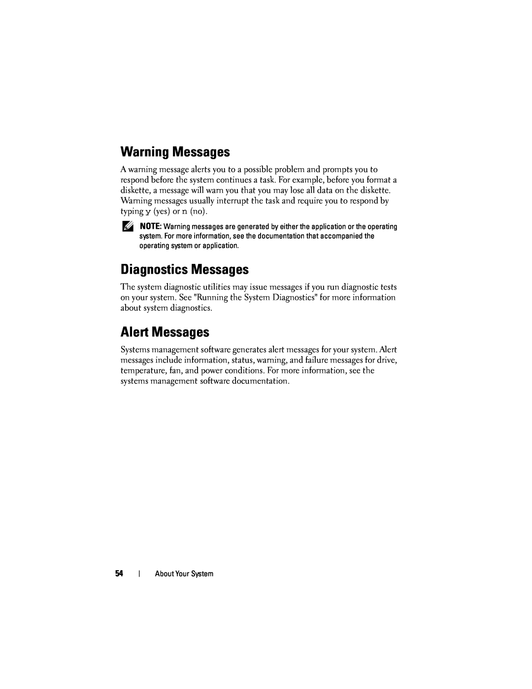 Dell R610 owner manual Warning Messages, Diagnostics Messages, Alert Messages 