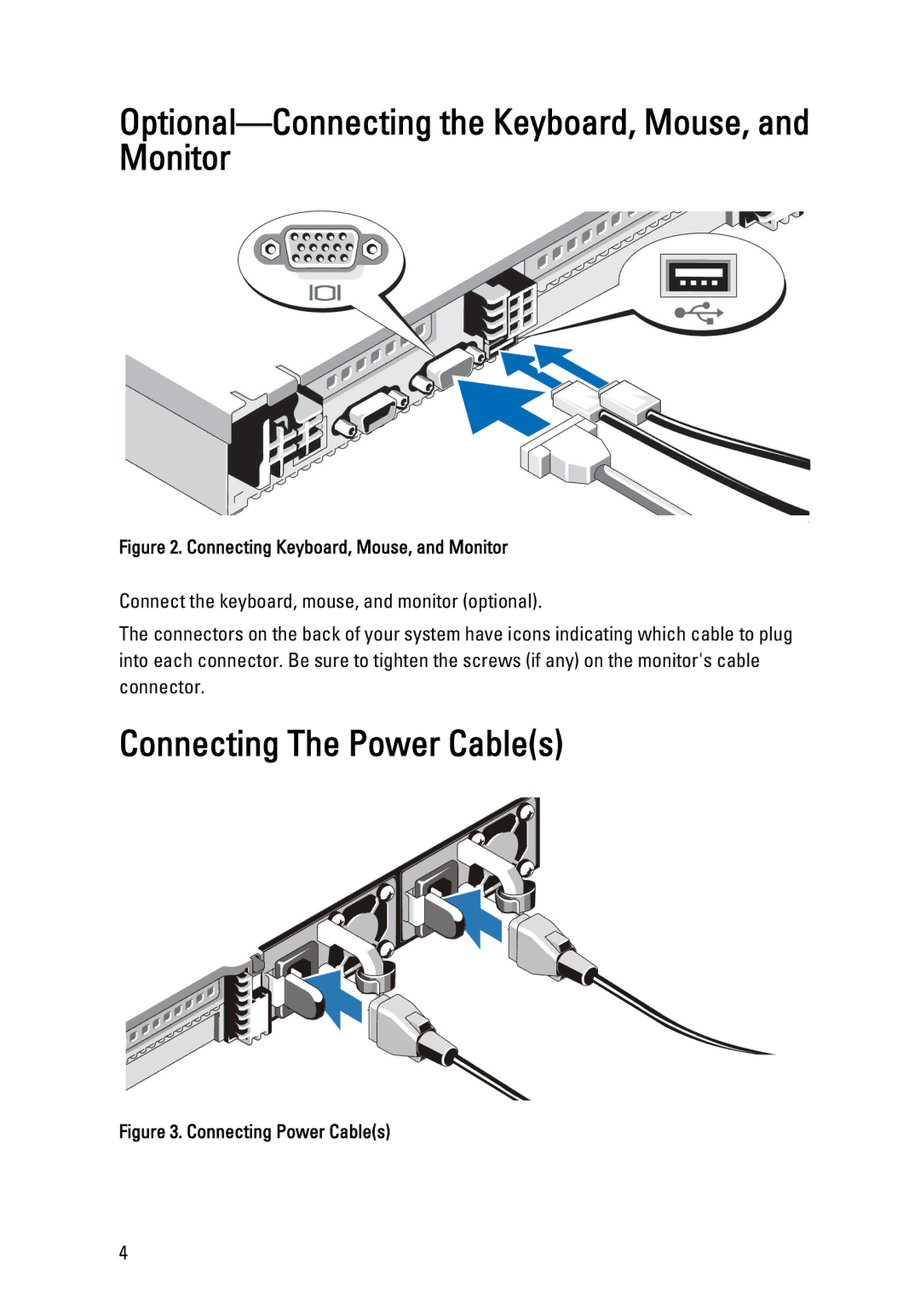 Dell R620 manual Optional-Connecting the Keyboard, Mouse, and Monitor, Connecting The Power Cables 