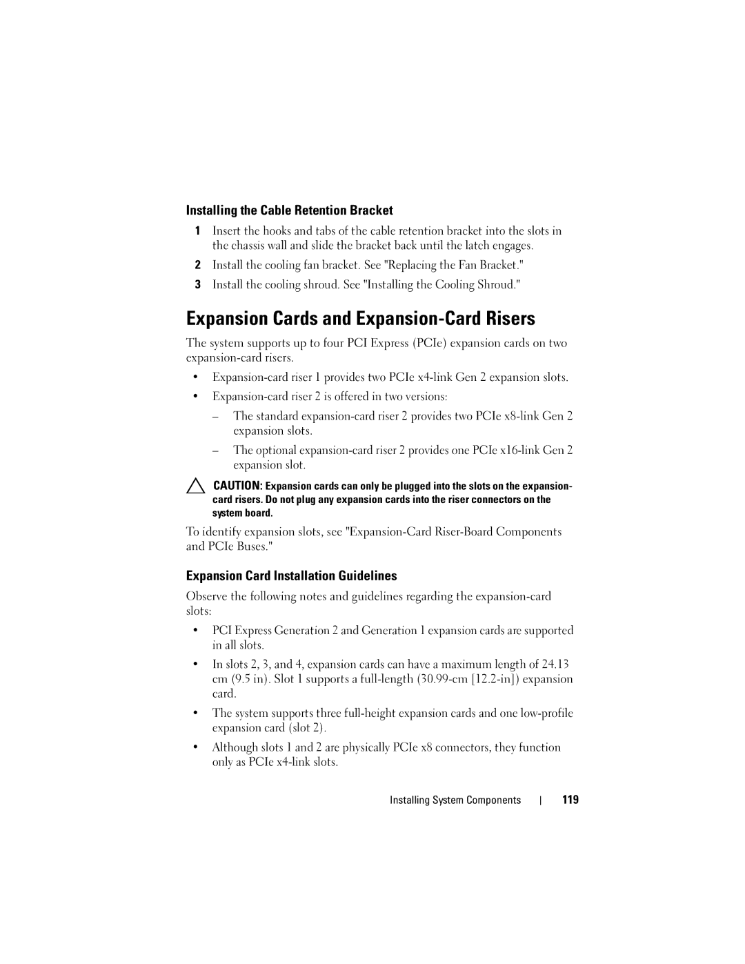 Dell R710 owner manual Expansion Cards and Expansion-Card Risers, Installing the Cable Retention Bracket, 119 