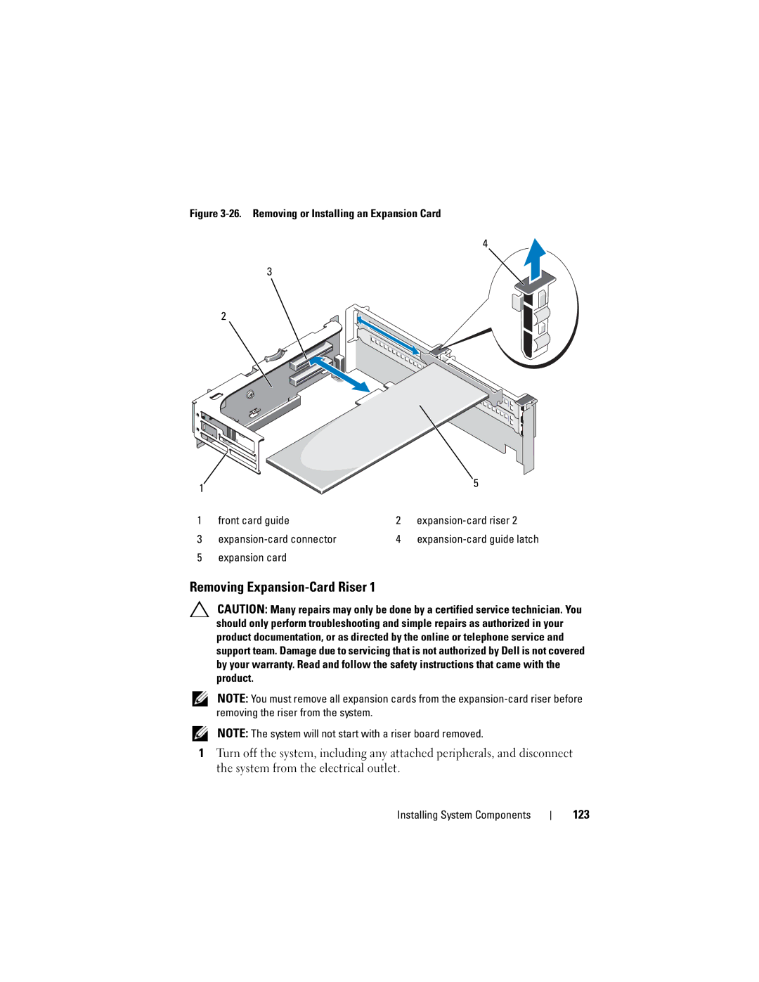 Dell R710 owner manual Removing Expansion-Card Riser, 123, Expansion card 