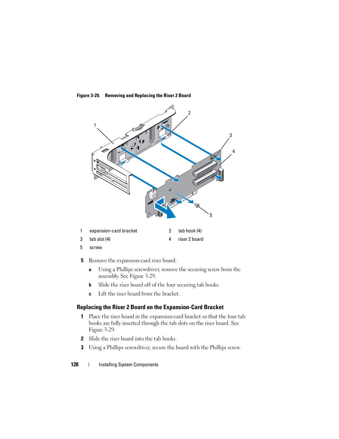 Dell R710 owner manual Replacing the Riser 2 Board on the Expansion-Card Bracket, Tab slot, Screw 