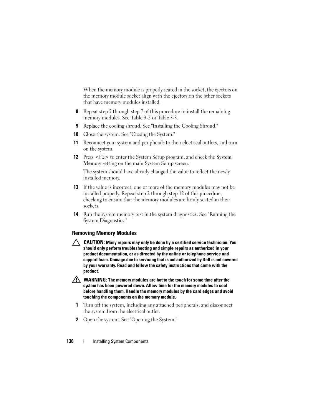 Dell R710 owner manual Removing Memory Modules 