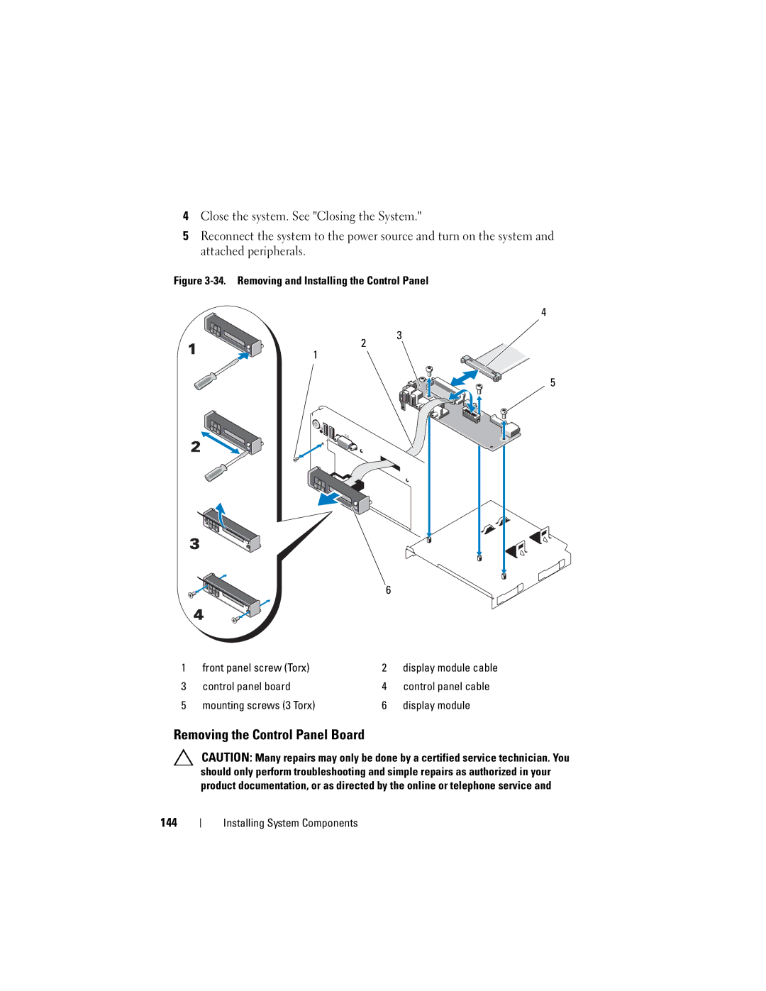 Dell R710 owner manual Removing the Control Panel Board, 144, Mounting screws 3 Torx Display module 