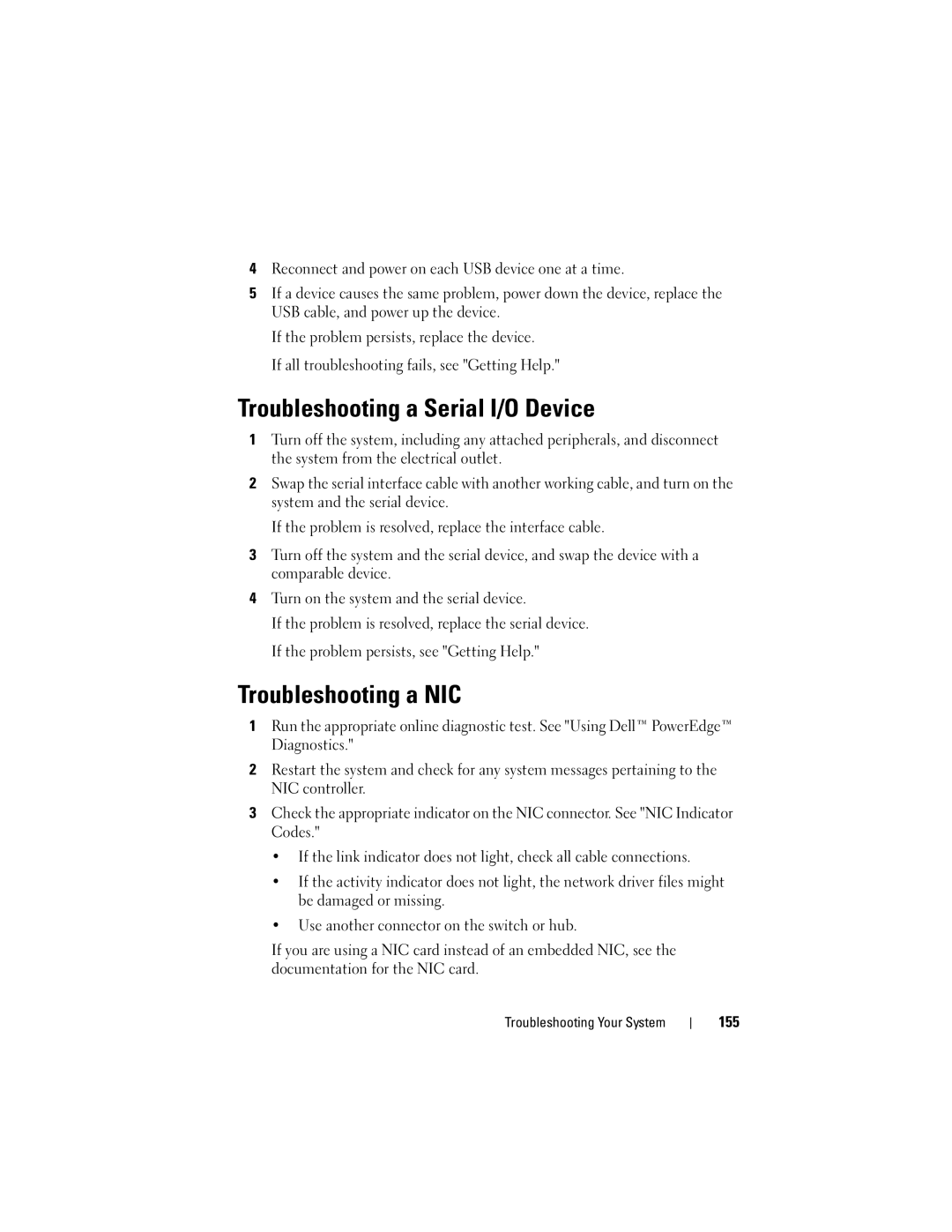 Dell R710 owner manual Troubleshooting a Serial I/O Device, Troubleshooting a NIC, 155 