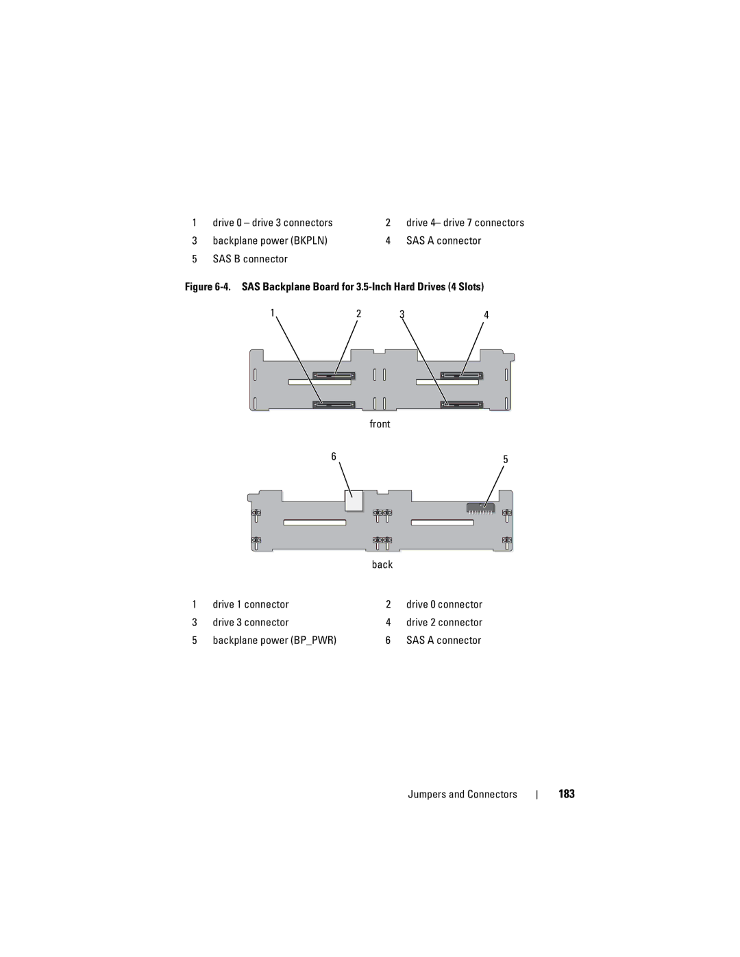 Dell R710 183, Drive 0 drive 3 connectors, Backplane power Bkpln SAS a connector SAS B connector, Drive 3 connector 