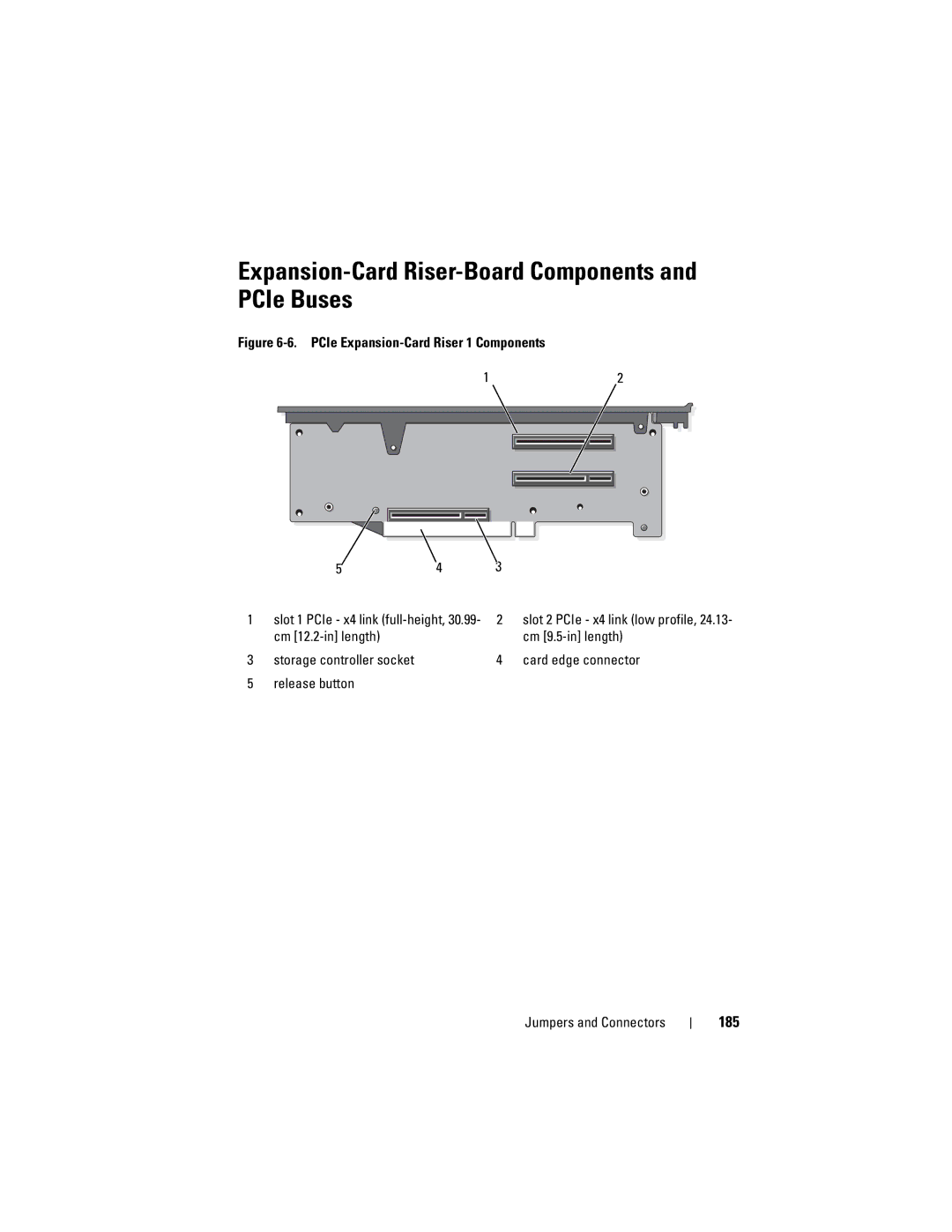 Dell R710 owner manual Expansion-Card Riser-Board Components and PCIe Buses, 185, Cm 12.2-in length Cm 9.5-in length 