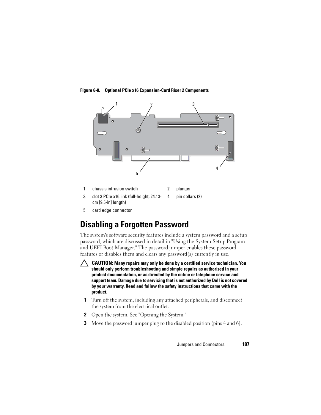 Dell R710 owner manual Disabling a Forgotten Password, 187, Cm 9.5-in length Card edge connector 