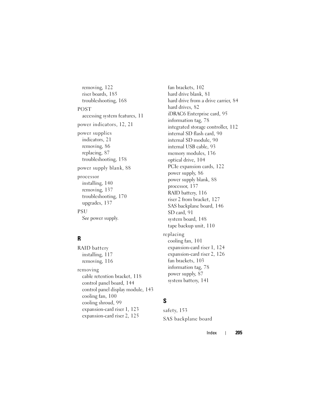 Dell R710 owner manual Removing, 122 riser boards, 185 troubleshooting, 205 