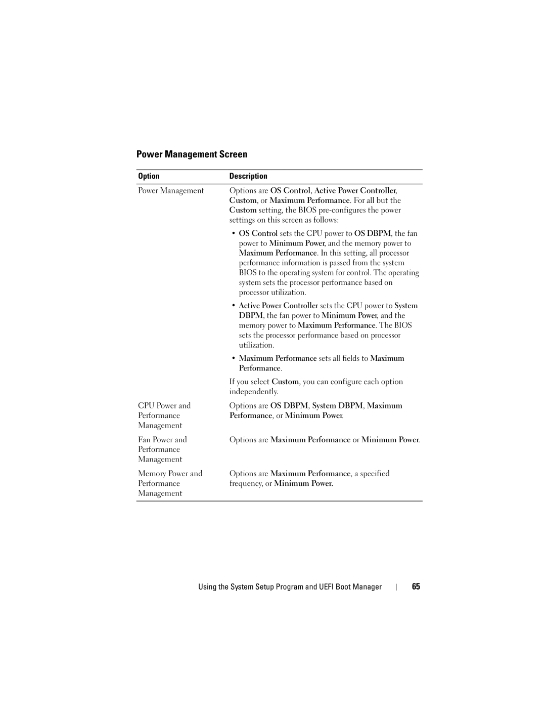 Dell R710 owner manual Power Management Screen 