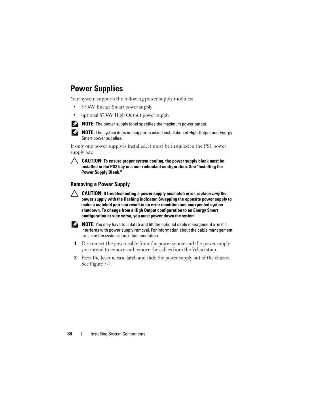 Dell R710 owner manual Power Supplies, Removing a Power Supply 