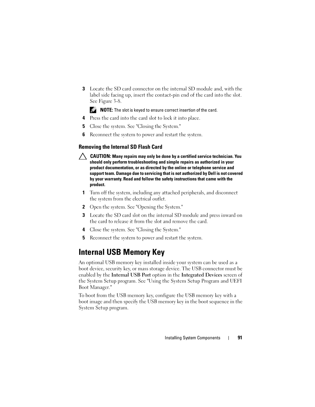 Dell R710 owner manual Internal USB Memory Key, Removing the Internal SD Flash Card 