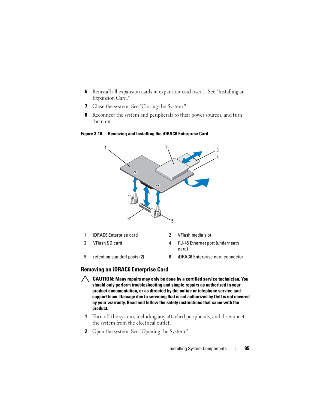 Dell R710 owner manual Removing an iDRAC6 Enterprise Card, Retention standoff posts 