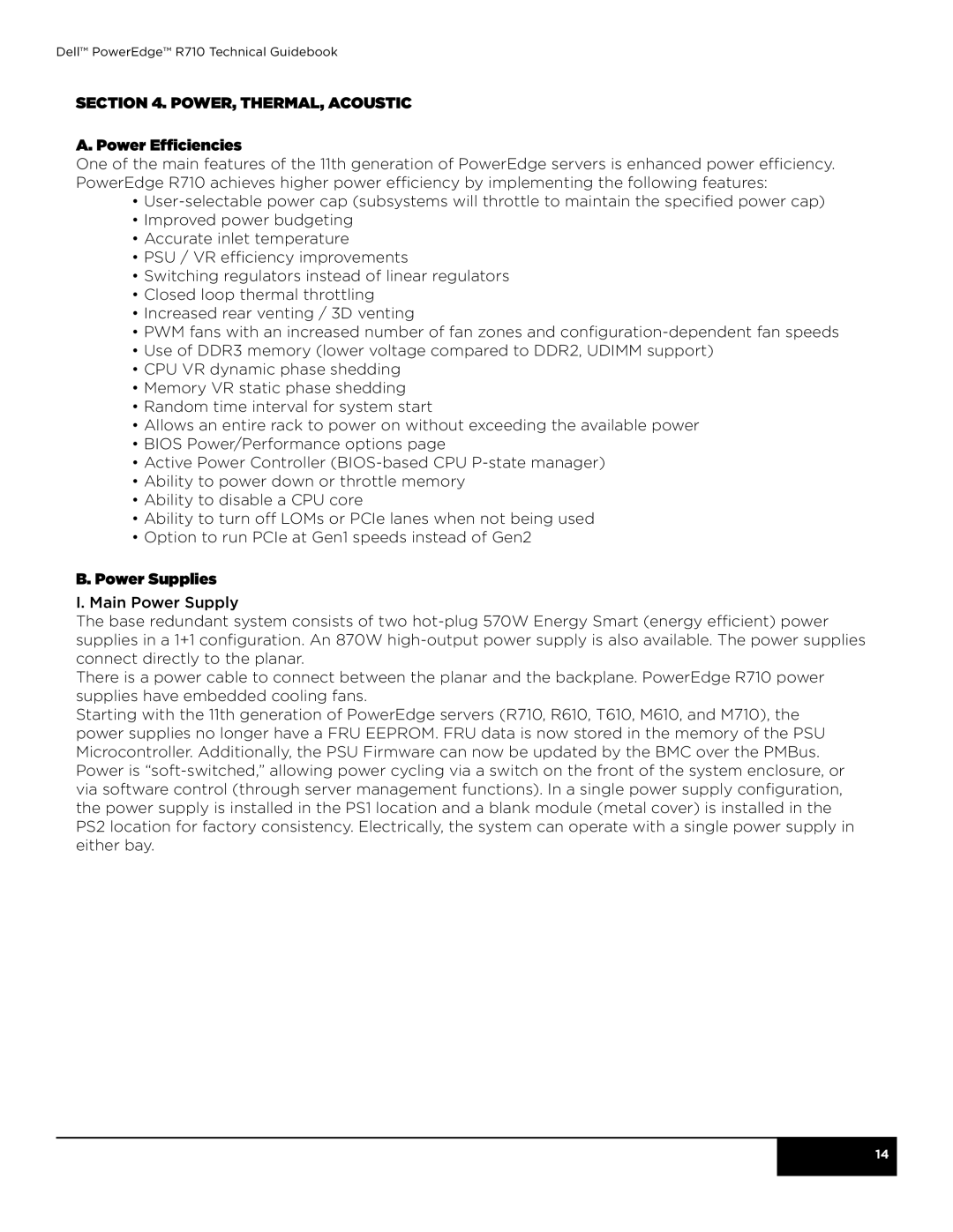 Dell R710 manual Power, Thermal, Acoustic Power Efficiencies, Power Supplies 