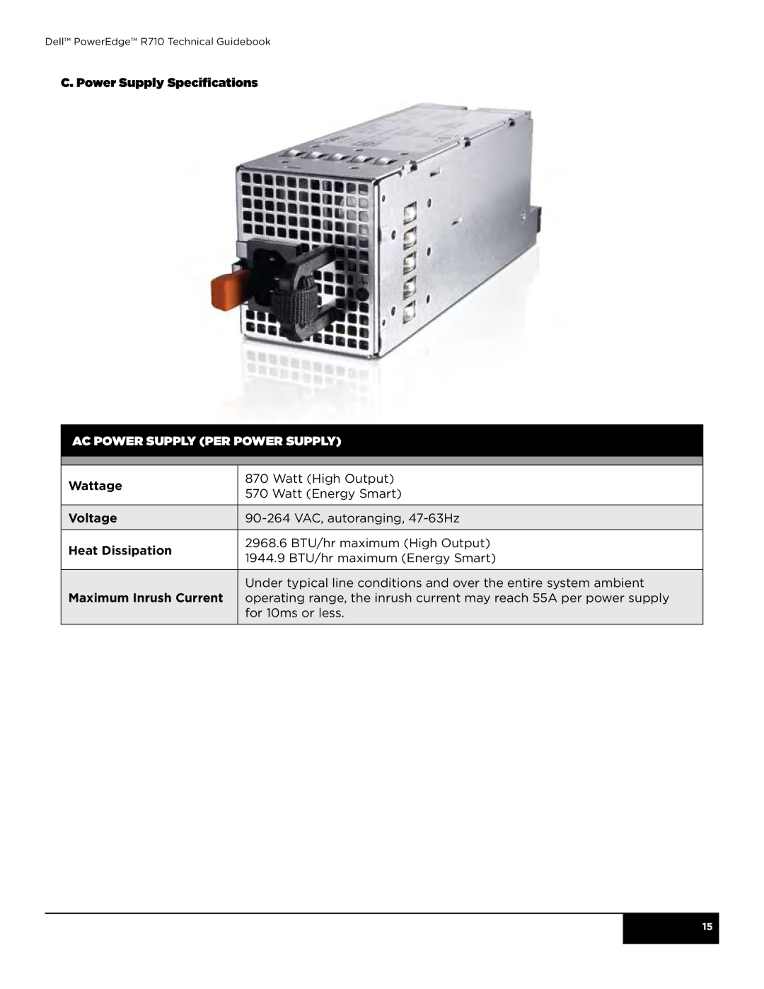 Dell R710 manual AC Power supply per power supply 