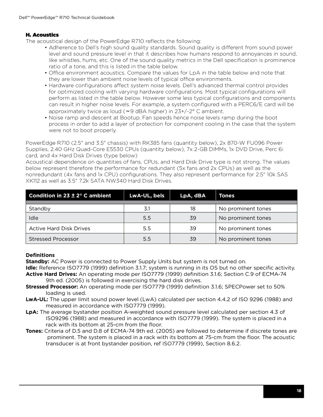 Dell R710 manual Acoustics, Condition in 23 + 2 C ambient LwA-UL, bels LpA, dBA Tones, Definitions 