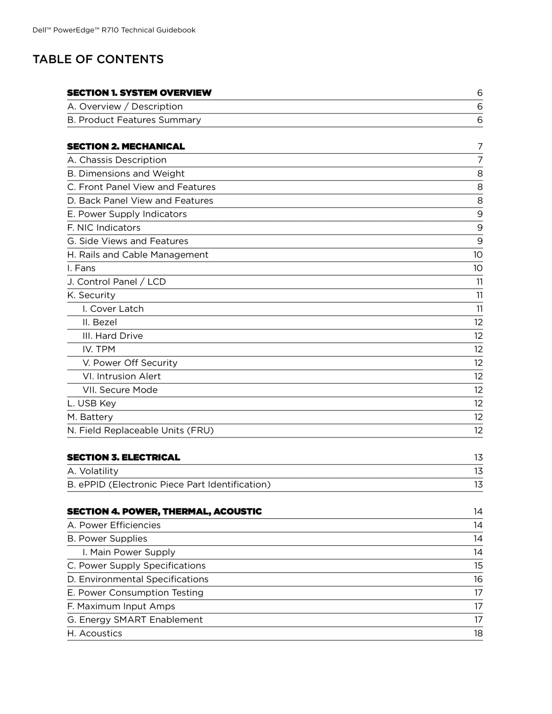 Dell R710 manual Table of Contents 