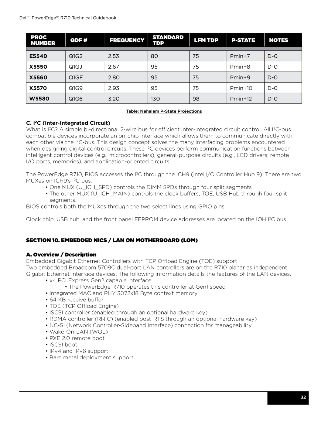 Dell R710 manual Proc QdF # Frequency Standard Lfm tdp State Number Tdp, W5580, I2C Inter-Integrated Circuit 