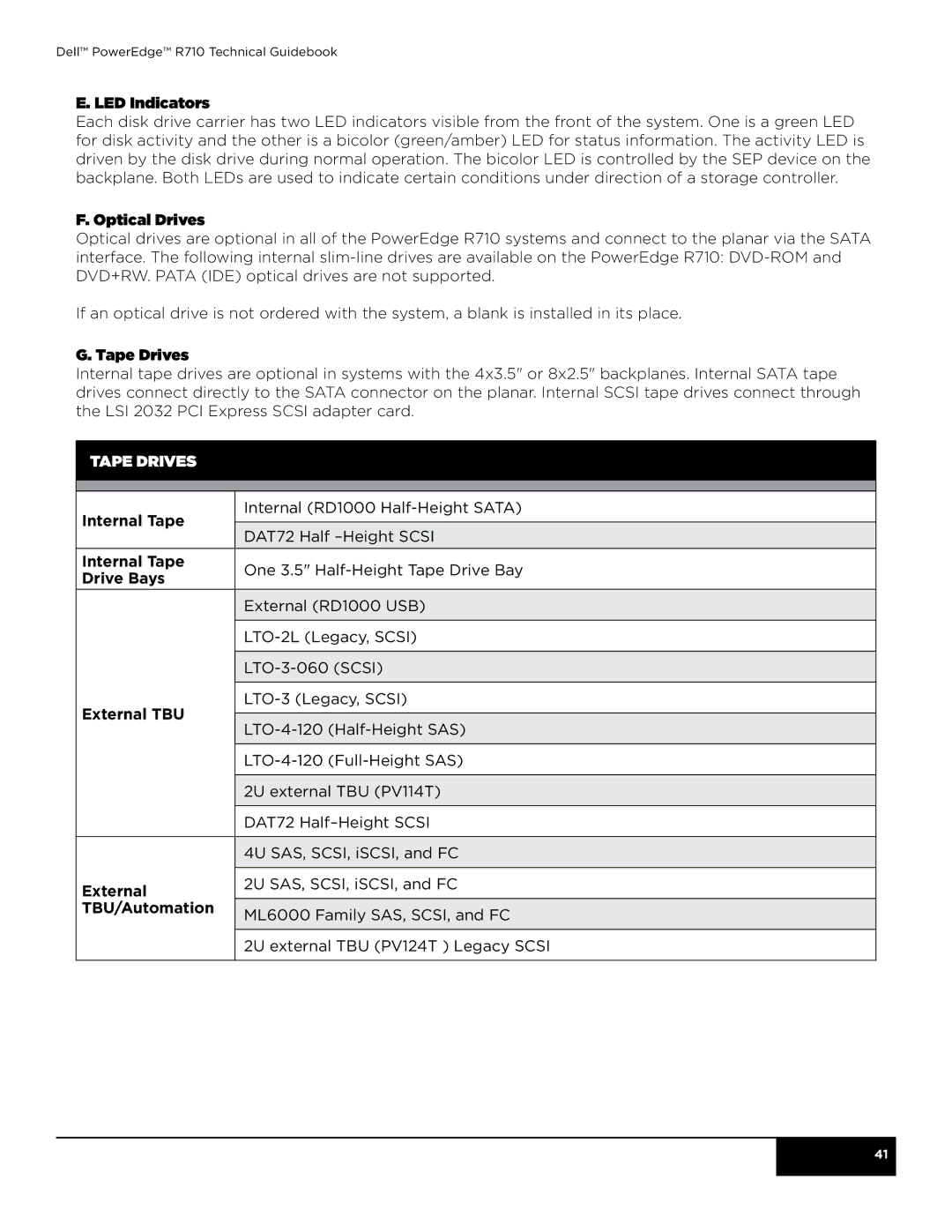 Dell R710 manual LED Indicators, Optical Drives, Tape Drives, Internal Tape, Drive Bays, External TBU, TBU/Automation 