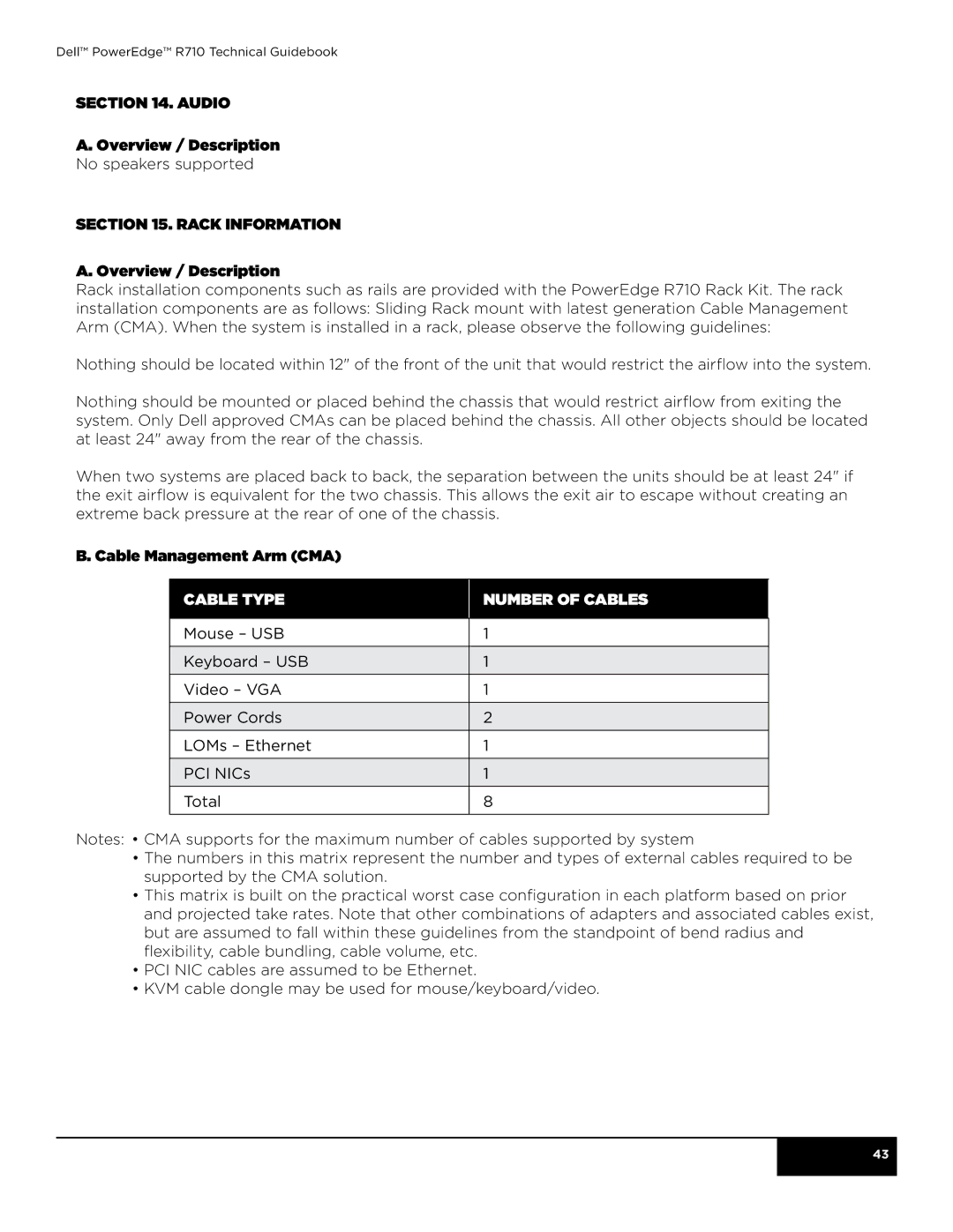 Dell R710 manual Audio Overview / Description, Rack Information Overview / Description, Cable Management Arm CMA 