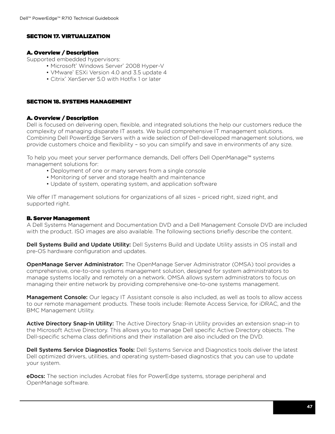 Dell R710 manual Virtualization Overview / Description, Systems Management Overview / Description, Server Management 