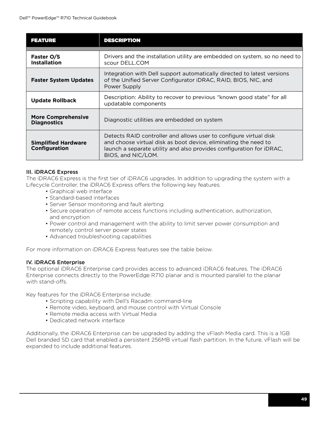 Dell R710 manual Feature Description 