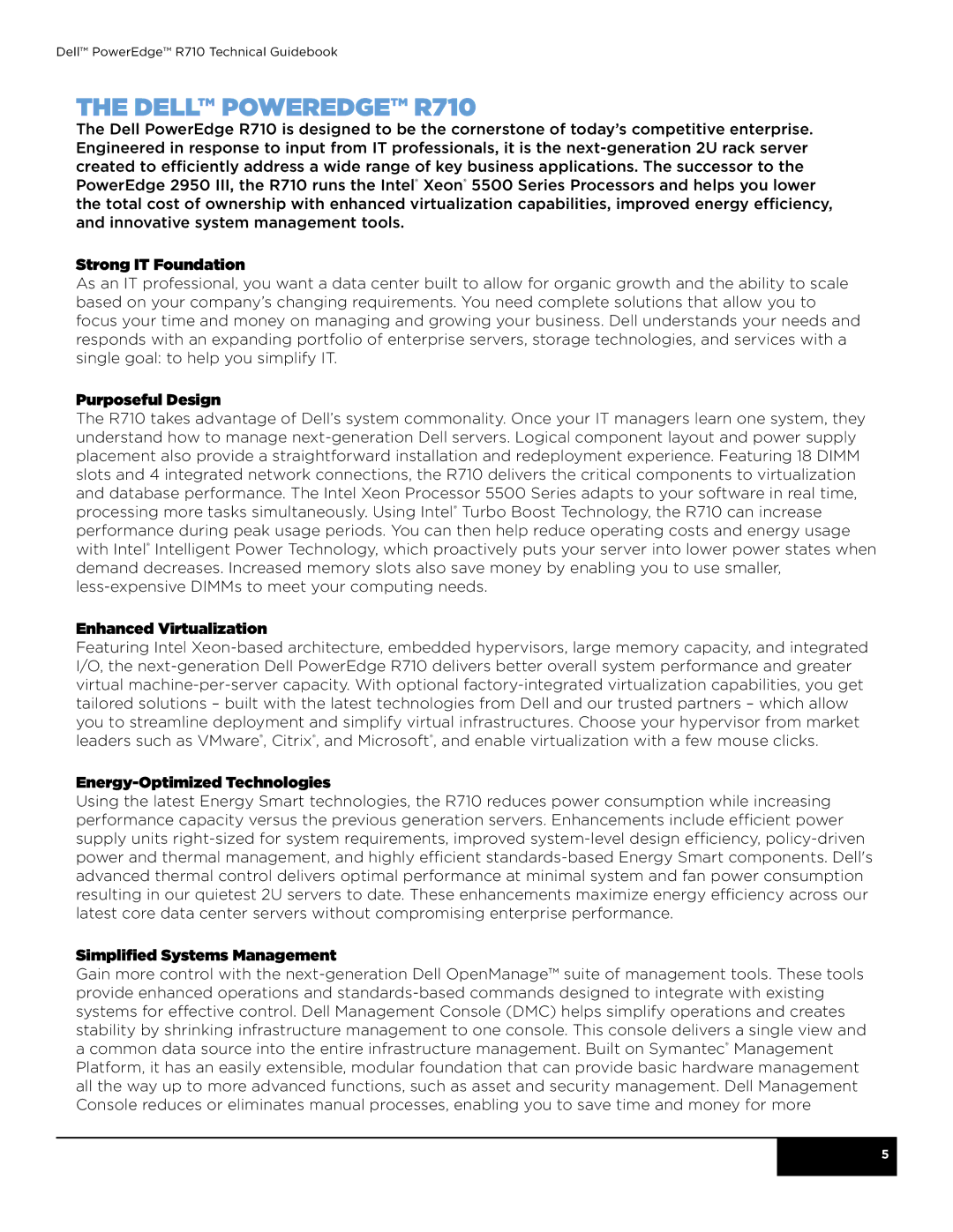 Dell R710 manual Strong IT Foundation, Purposeful Design, Enhanced Virtualization, Energy-Optimized Technologies 