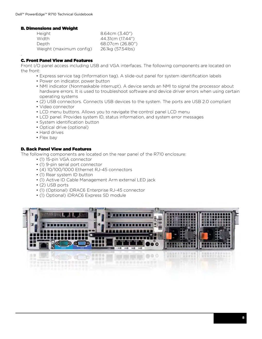 Dell R710 manual Dimensions and Weight, Front Panel View and Features, Back Panel View and Features 