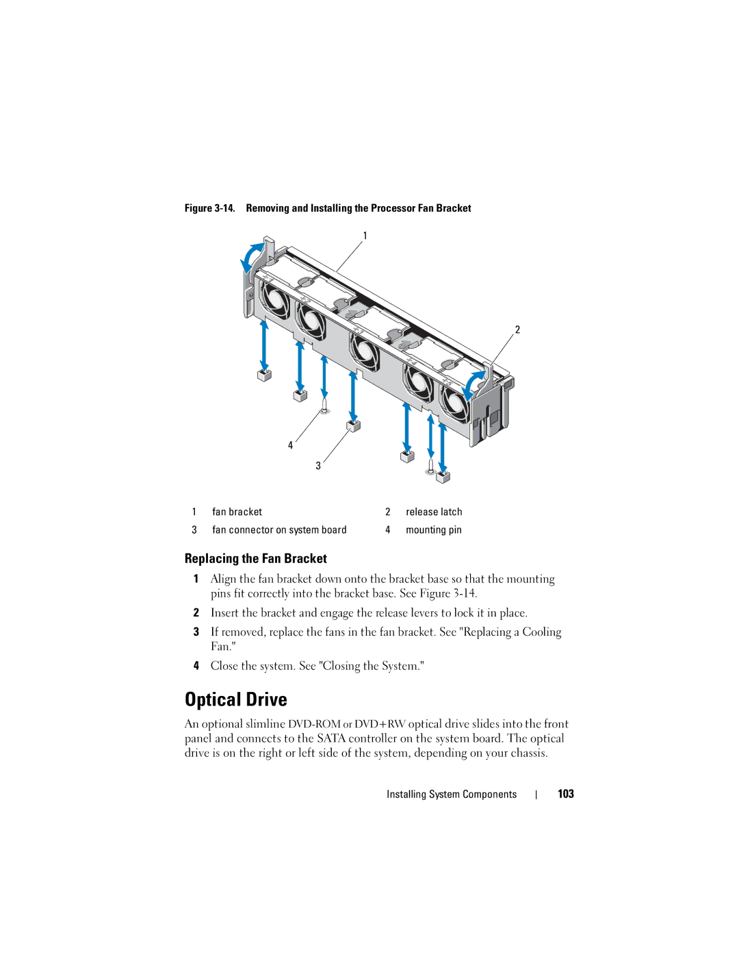 Dell R710 owner manual Optical Drive, Replacing the Fan Bracket, 103, Fan connector on system board 