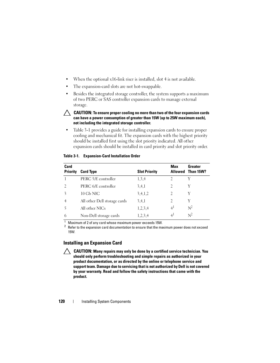 Dell R710 owner manual Installing an Expansion Card, 120 