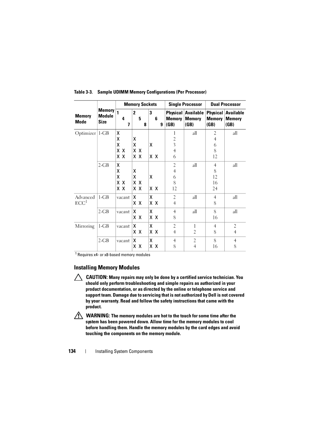 Dell R710 owner manual Installing Memory Modules, 134, Sample Udimm Memory Configurations Per Processor, Advanced Vacant 