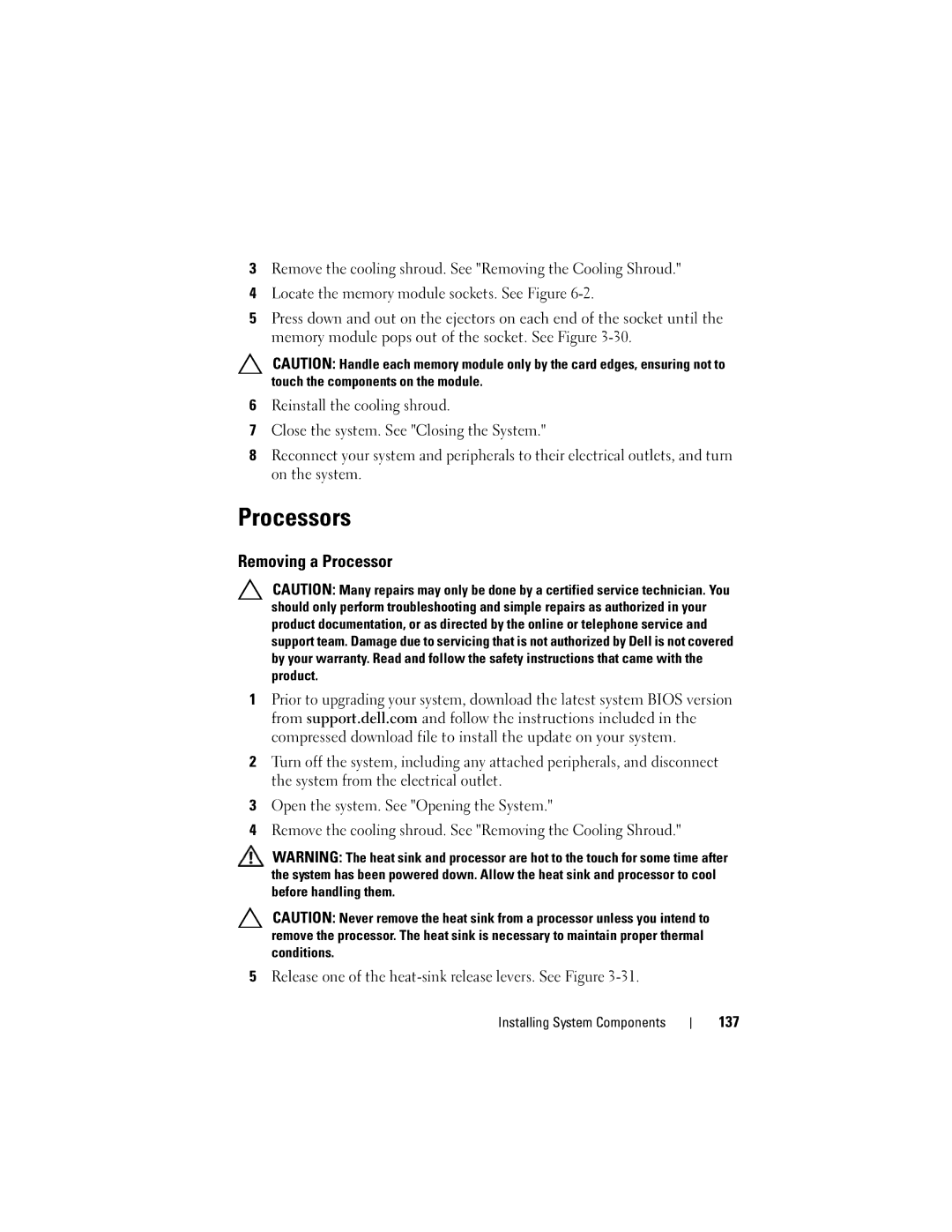 Dell R710 owner manual Processors, Removing a Processor, 137 