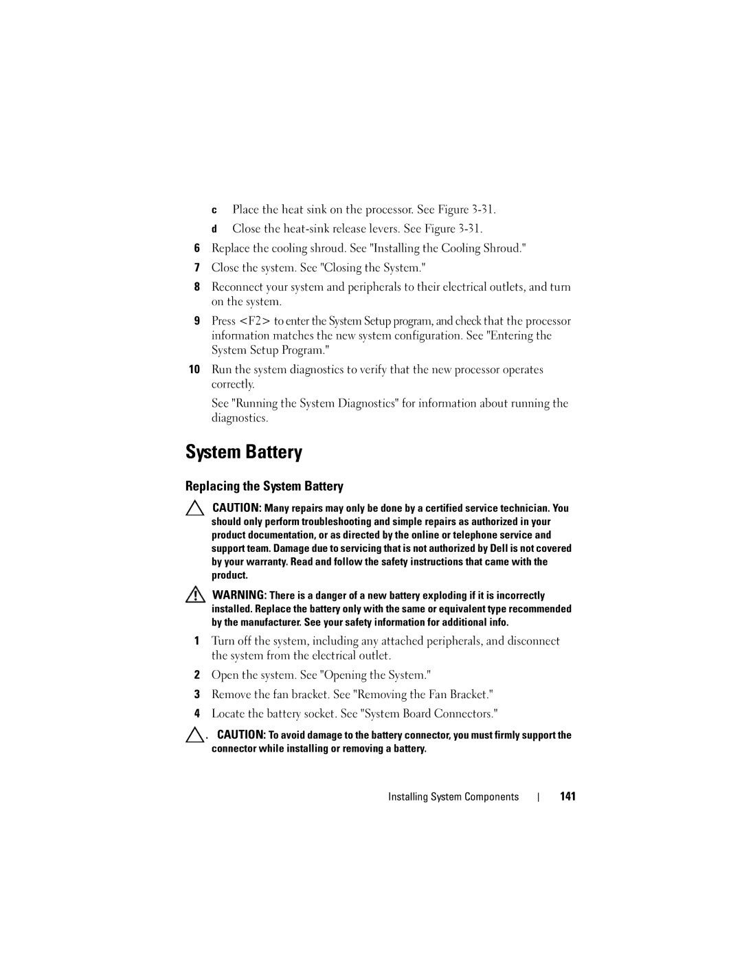 Dell R710 owner manual Replacing the System Battery, 141 