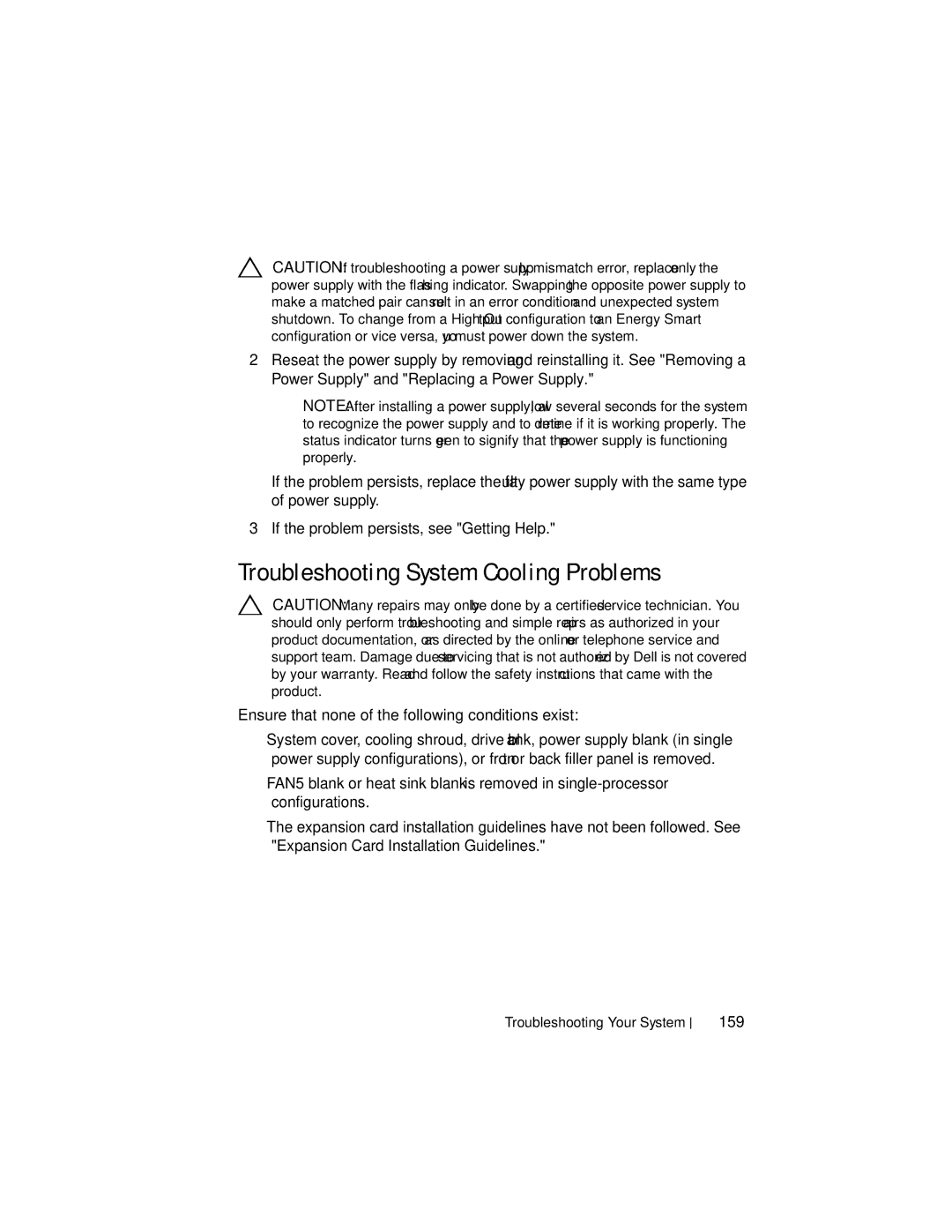 Dell R710 owner manual Troubleshooting System Cooling Problems, Ensure that none of the following conditions exist, 159 