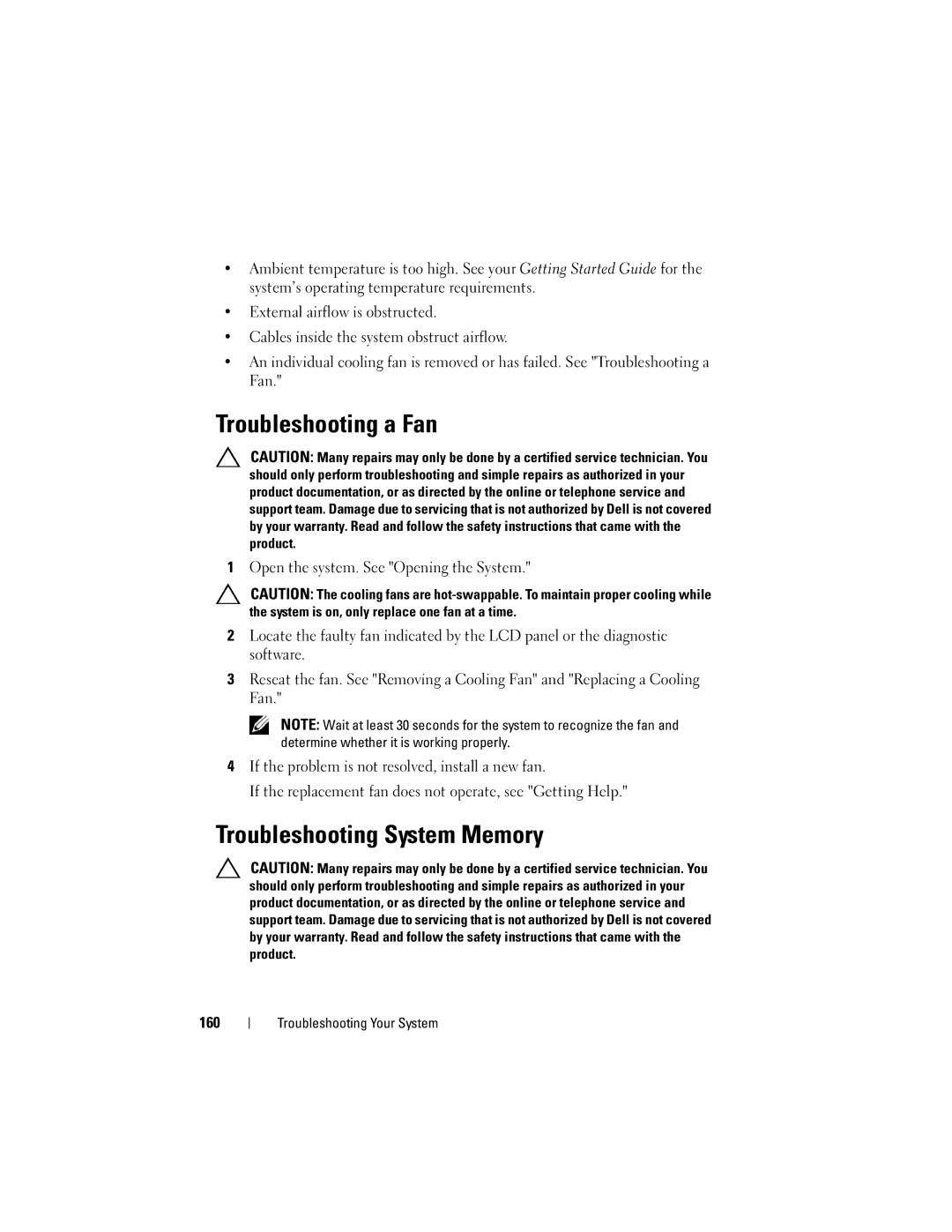 Dell R710 owner manual Troubleshooting a Fan, Troubleshooting System Memory, 160 