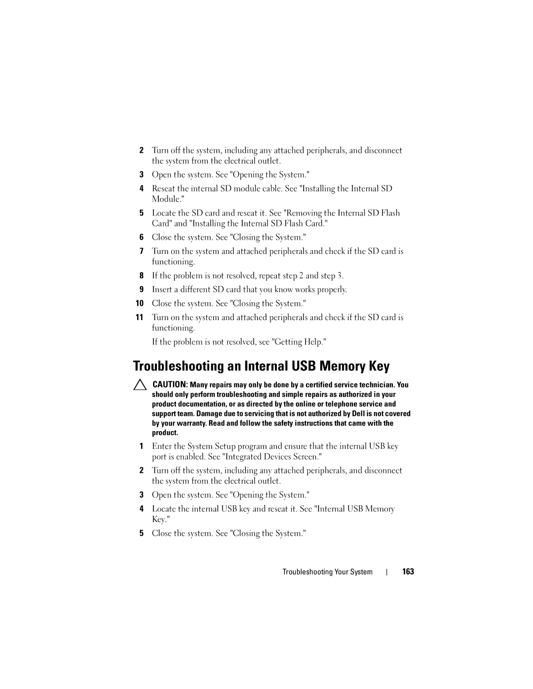 Dell R710 owner manual Troubleshooting an Internal USB Memory Key, 163 