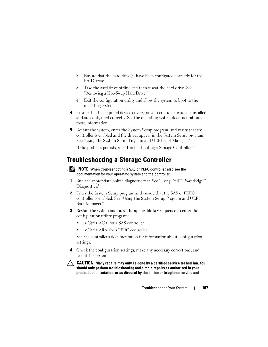 Dell R710 owner manual Troubleshooting a Storage Controller, 167 