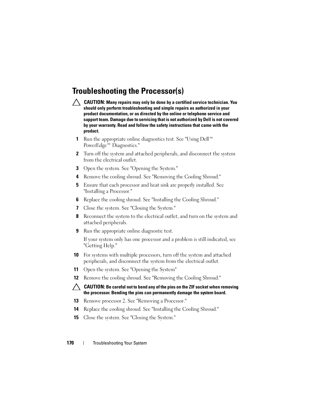 Dell R710 owner manual Troubleshooting the Processors 