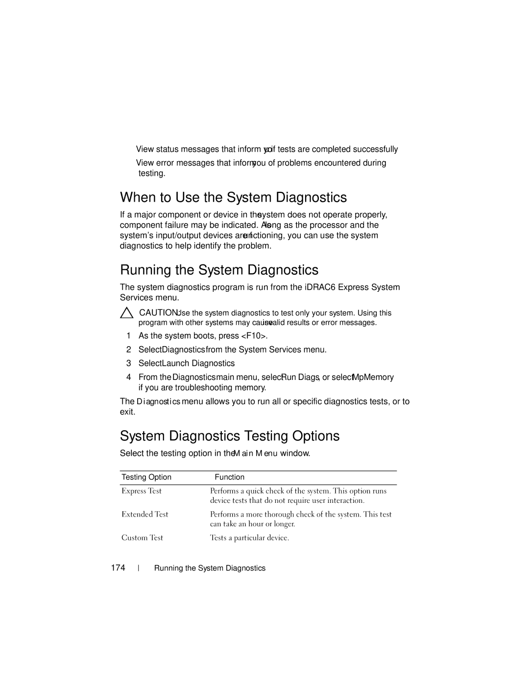 Dell R710 When to Use the System Diagnostics, Running the System Diagnostics, System Diagnostics Testing Options, 174 