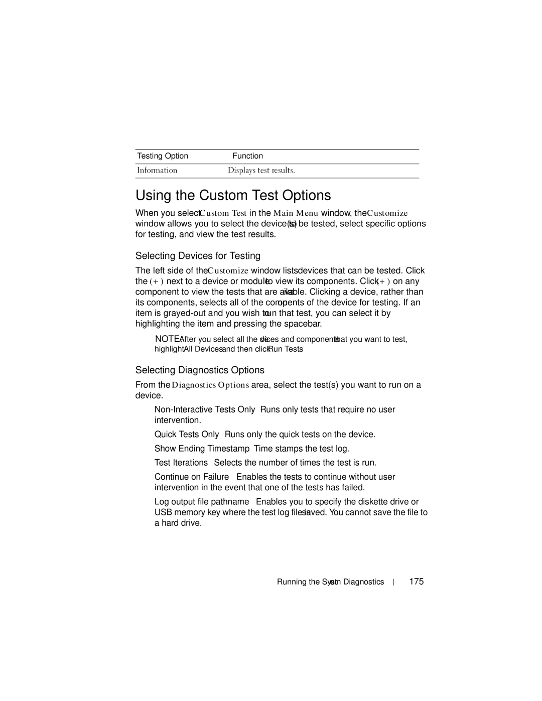 Dell R710 owner manual Using the Custom Test Options, Selecting Devices for Testing, Selecting Diagnostics Options, 175 