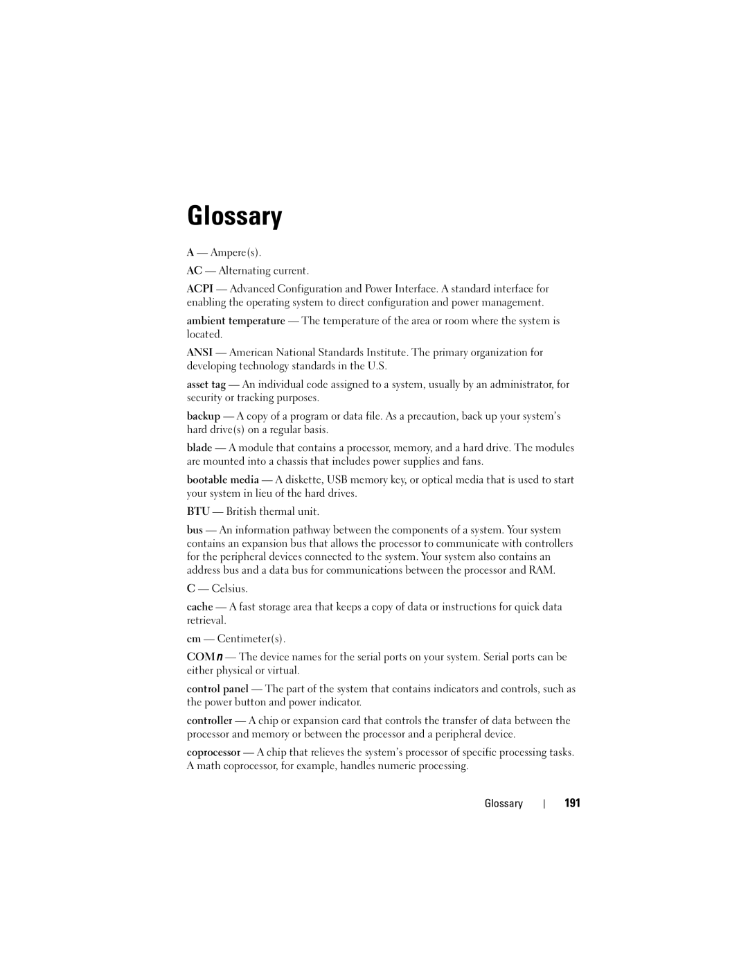 Dell R710 owner manual 191, Amperes AC Alternating current, Glossary 