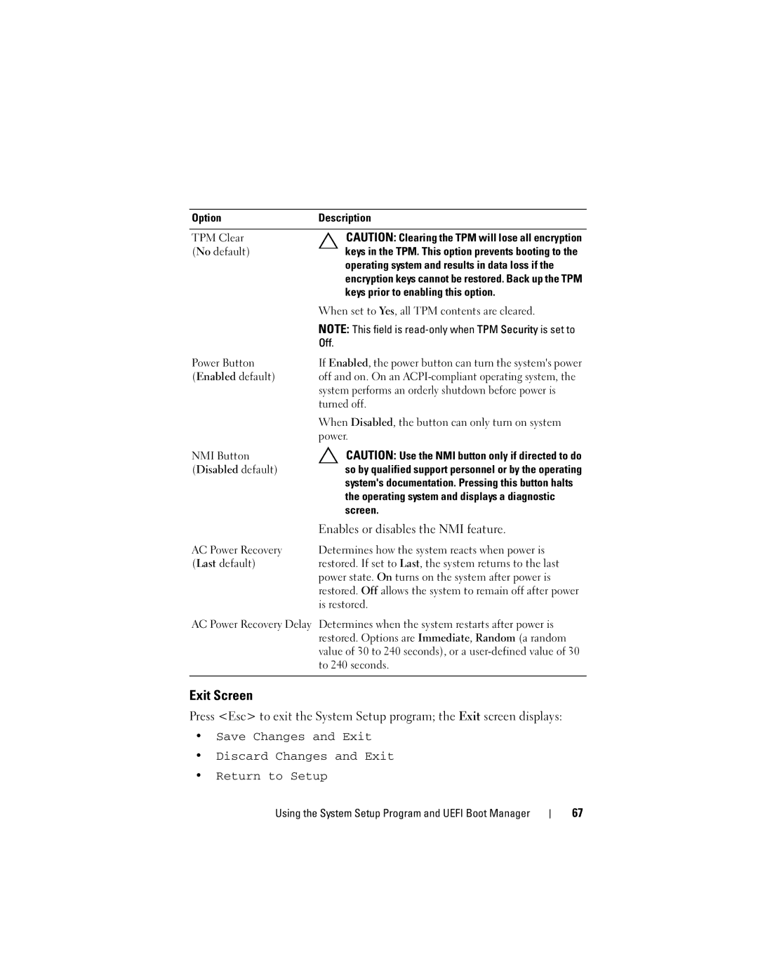 Dell R710 owner manual Exit Screen, Enables or disables the NMI feature 