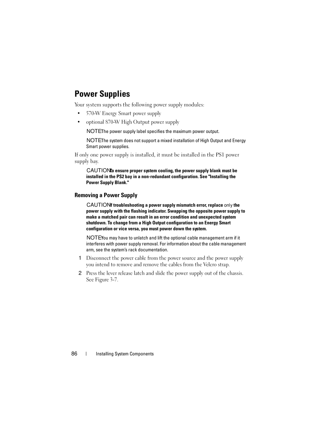 Dell R710 owner manual Power Supplies, Removing a Power Supply 
