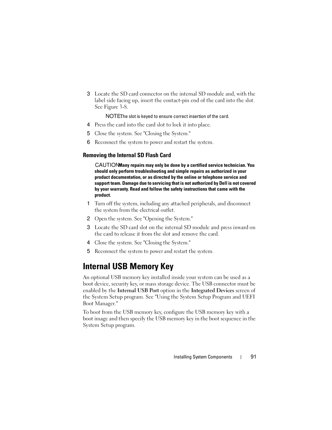 Dell R710 owner manual Internal USB Memory Key, Removing the Internal SD Flash Card 