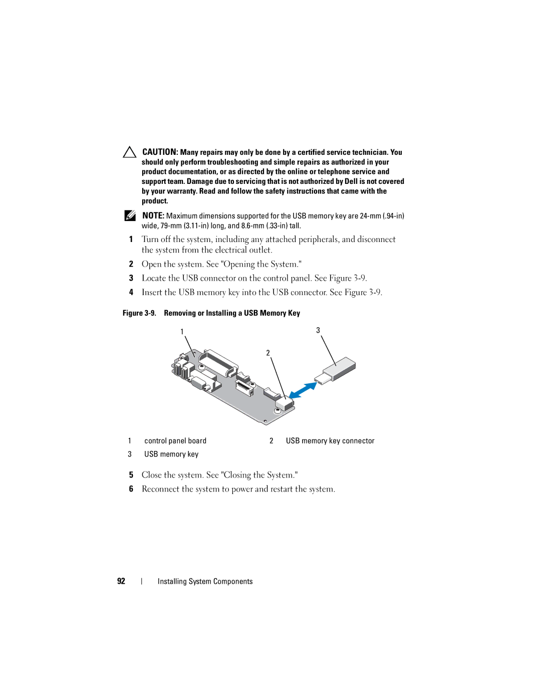 Dell R710 owner manual Removing or Installing a USB Memory Key Control panel board, USB memory key 