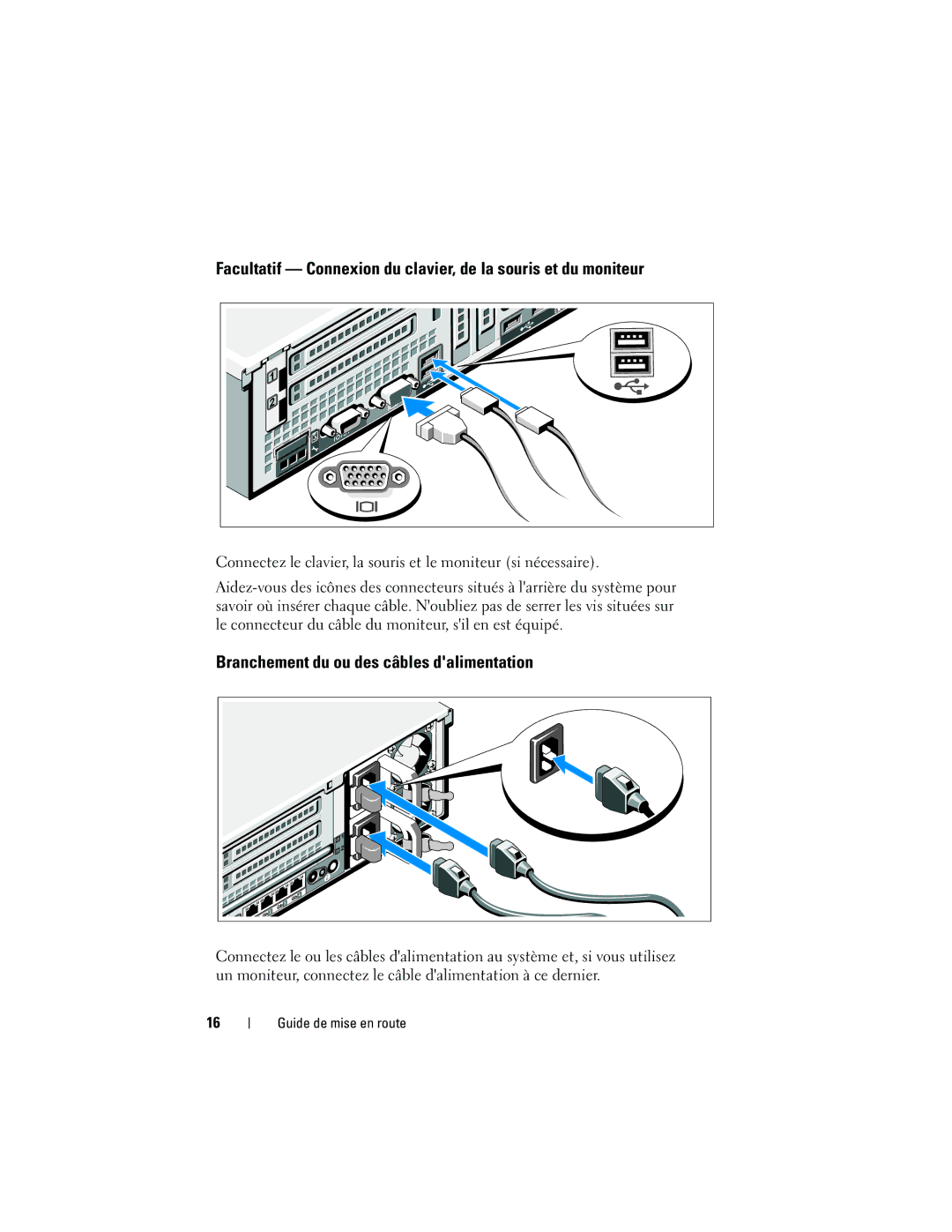 Dell R715 manual Facultatif Connexion du clavier, de la souris et du moniteur, Branchement du ou des câbles dalimentation 