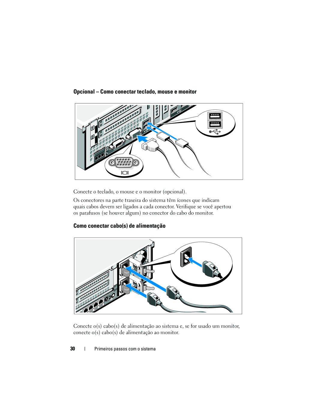 Dell R715 manual Opcional Como conectar teclado, mouse e monitor, Como conectar cabos de alimentação 