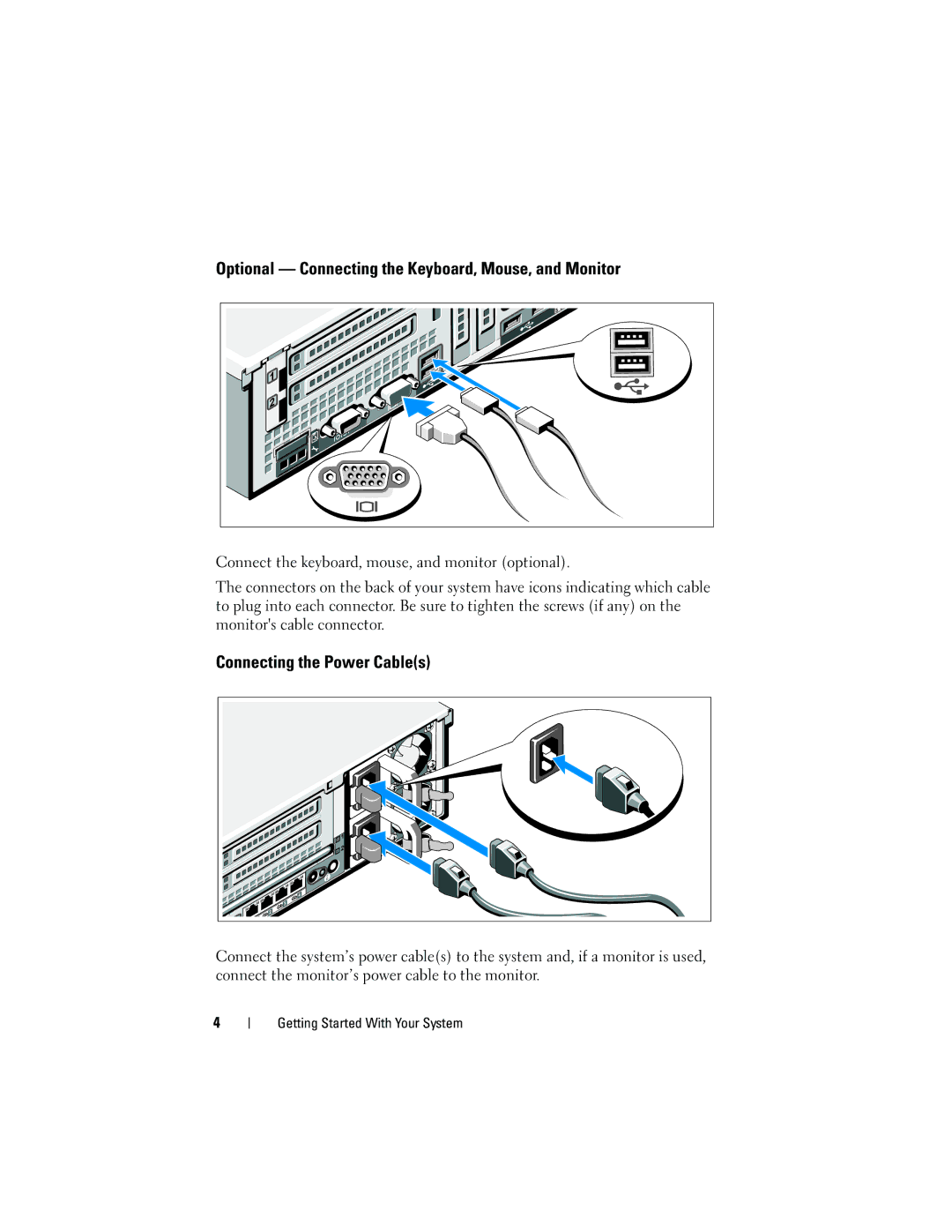 Dell R715 manual Optional Connecting the Keyboard, Mouse, and Monitor, Connecting the Power Cables 