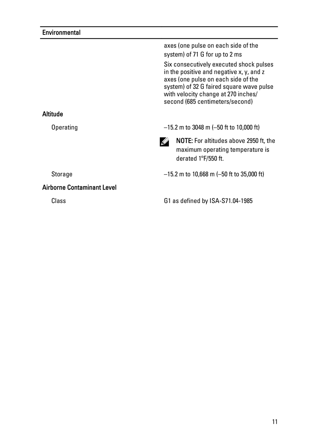 Dell R720XD manual Altitude, Airborne Contaminant Level 