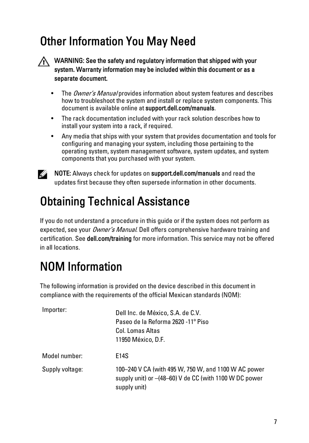 Dell R720XD manual Other Information You May Need, Obtaining Technical Assistance NOM Information 